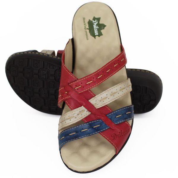 Sandália Feminina Anatomica de Couro Legítimo e Palmilha Gel - Vermelho/Azul (MA 038)