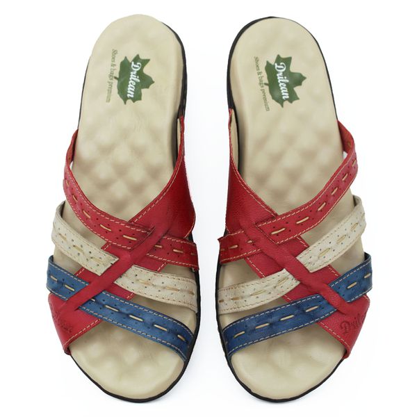 Sandália Feminina Anatomica de Couro Legítimo e Palmilha Gel - Vermelho/Azul (MA 038)