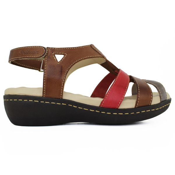 Sandália Feminina Anatomica de Couro Legítimo e Palmilha Gel - Castanho/Vermelho (MA 005)