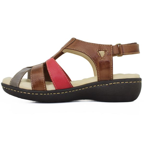 Sandália Feminina Anatomica de Couro Legítimo e Palmilha Gel - Castanho/Vermelho (MA 005)