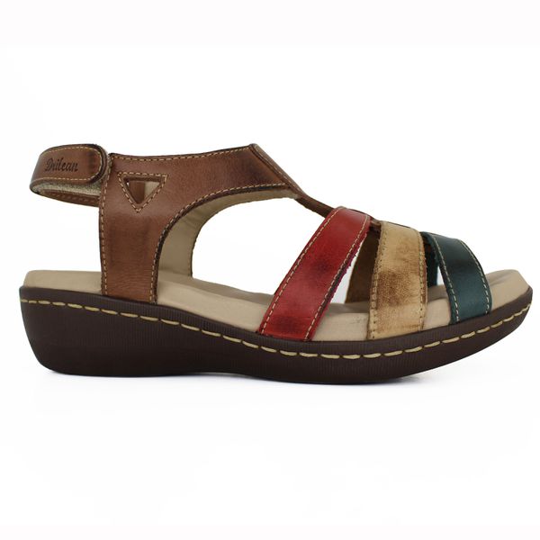Sandália Feminina Anatomica de Couro Legítimo e Palmilha Gel - Castanho/Vermelho (MA 005)