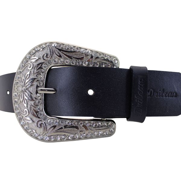 Cinto Drilean Feminino Preto com Fivela Prateada 100% em couro