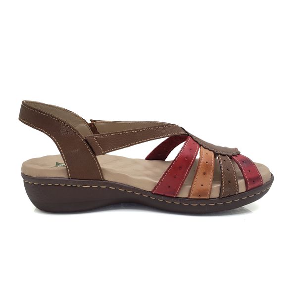 Sandália Anatômica Feminina em Couro Legítimo e Palmilha Gel - Castanho/Vermelho (MA 014)