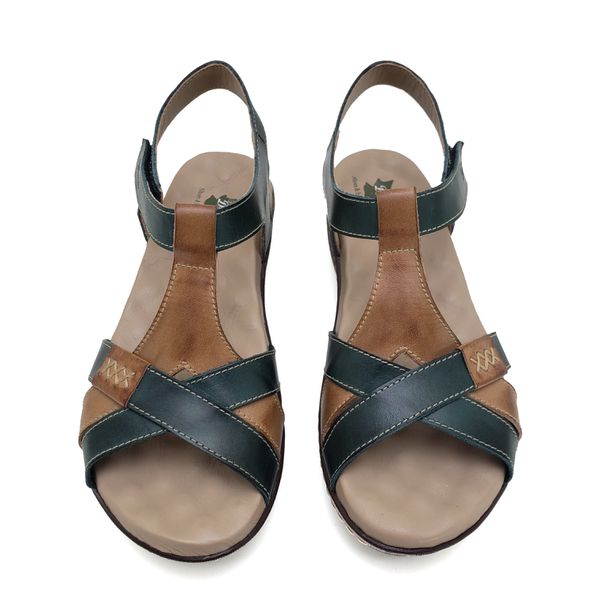 Sandália Anatômica Feminina de Couro Legítimo e Palmilha Gel - Verde/Caramelo (MA 035)