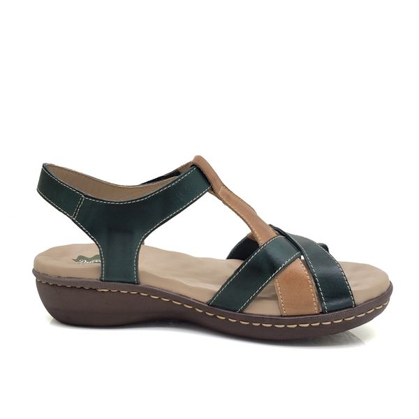 Sandália Anatômica Feminina de Couro Legítimo e Palmilha Gel - Verde/Caramelo (MA 035)