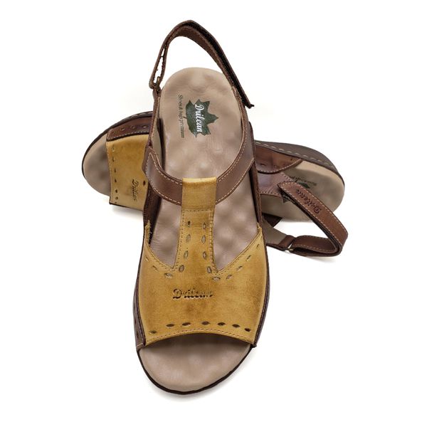 Sandália Feminina de Couro Legítimo e Palmilha Gel - Castanho/Amarelo (MA 040)