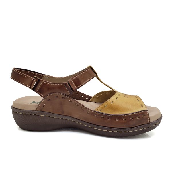 Sandália Feminina de Couro Legítimo e Palmilha Gel - Castanho/Amarelo (MA 040)