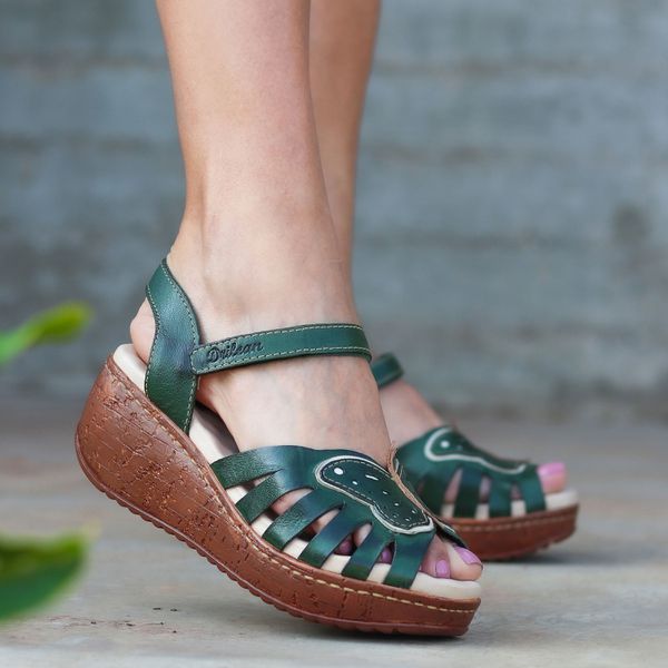 Sandália Anabela Feminina de Couro Legítimo com Palmilha Gel - Verde (NI 048)