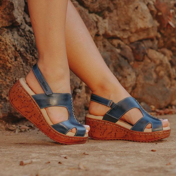 Sandália Anabela Feminina de Couro Legítimo e Palmilha Gel - Azul (NI044) 36 OUTLET