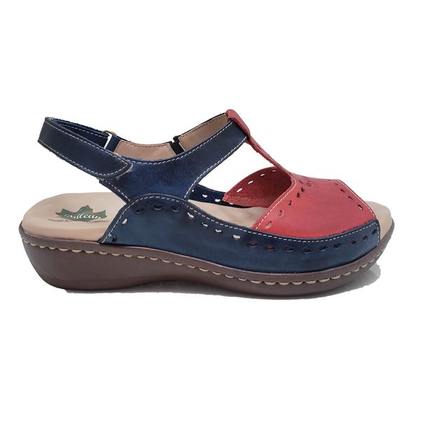 Sandália Feminina Couro Legítimo e Palmilha Gel - Azul/Vermelho (MA 040)