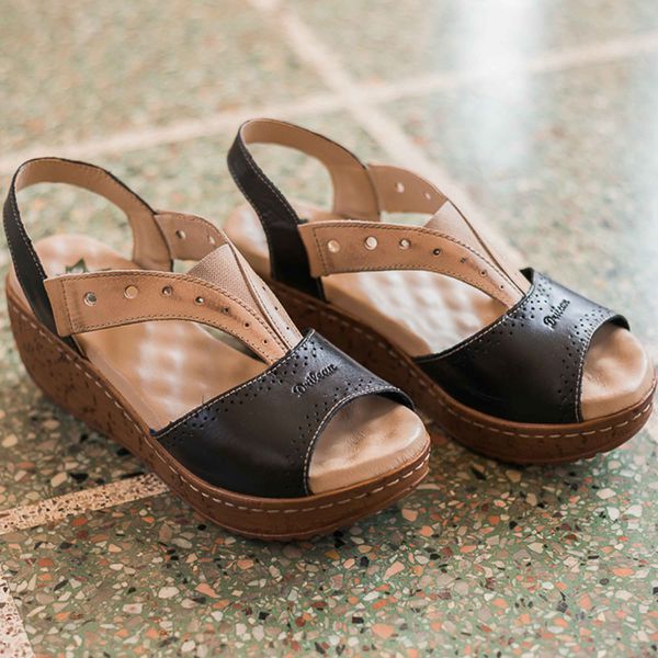 Sandália Anabela Feminina de Couro Legítimo e Palmilha Gel - Preto (NI013)