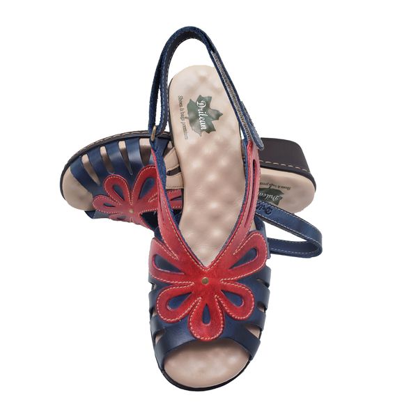 Sandalia de Salto Bloco Confortável Couro Legítimo Azul/Vermelho e Palmilha Gel - BR 017 
