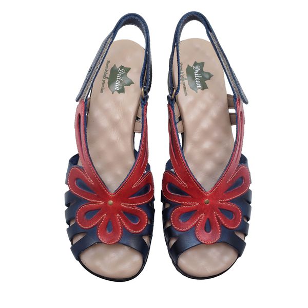 Sandalia de Salto Bloco Confortável Couro Legítimo Azul/Vermelho e Palmilha Gel - BR 017 