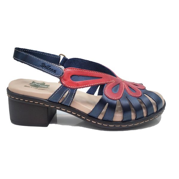 Sandalia de Salto Bloco Confortável Couro Legítimo Azul/Vermelho e Palmilha Gel - BR 017 