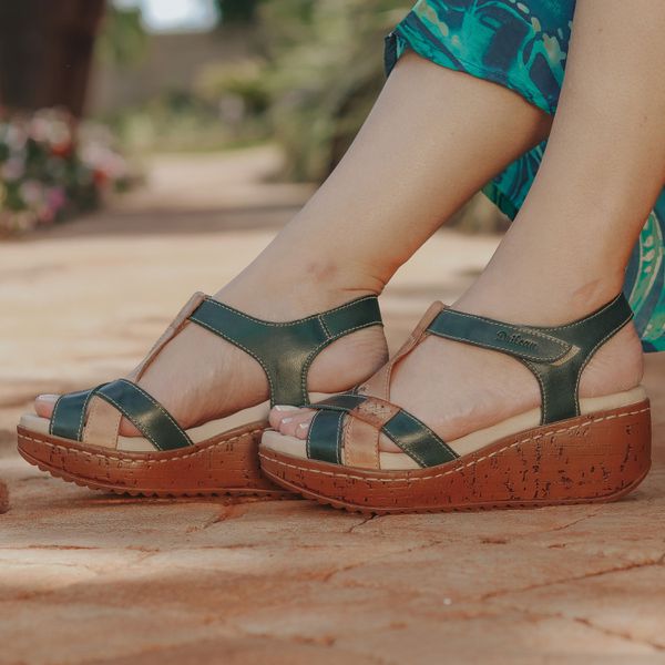 Sandália Anabela Feminina de Couro Legítimo e Palmilha Gel - Verde/Laranja (NI035)