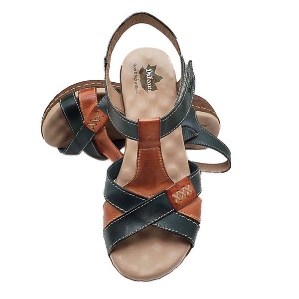 Sandália Anabela Feminina de Couro Legítimo e Palmilha Gel - Verde/Laranja (NI035)