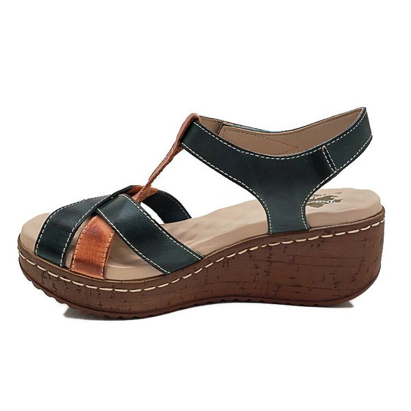 Sandália Anabela Feminina de Couro Legítimo e Palmilha Gel - Verde/Laranja (NI035)