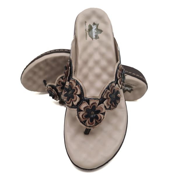 Sandália Feminina Anatômica de Couro Legítimo e Palmilha Gel - Off/Preto (MA 025)