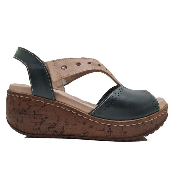 Sandália Anabela Feminina de Couro Legítimo com Palmilha Gel - Verde/Tabaco (NI013)