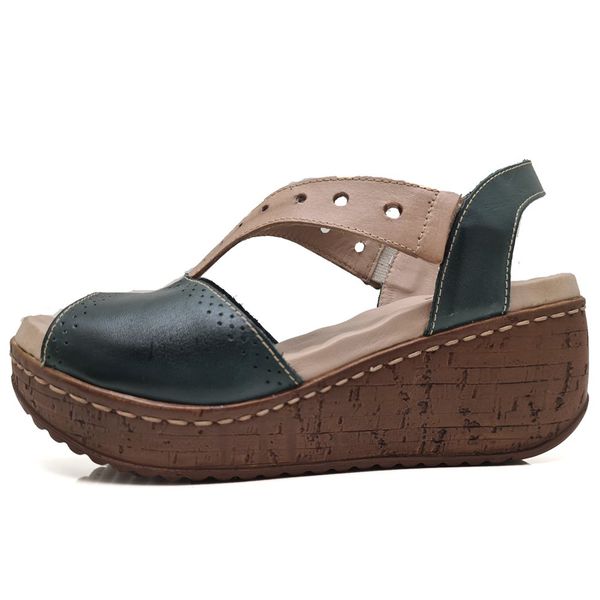 Sandália Anabela Feminina de Couro Legítimo com Palmilha Gel - Verde/Tabaco (NI013)