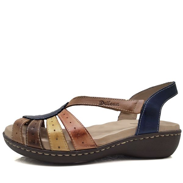 Sandália Feminina Anatomica de Couro Legítimo e Palmilha Gel - Azul/Caramelo (MA 014)
