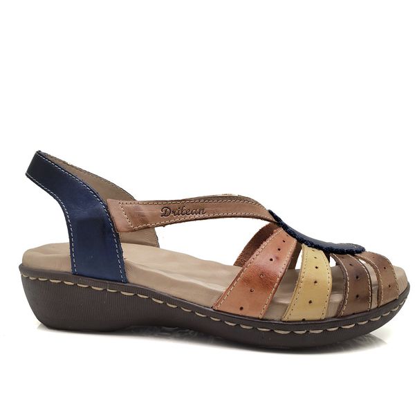 Sandália Feminina Anatomica de Couro Legítimo e Palmilha Gel - Azul/Caramelo (MA 014)