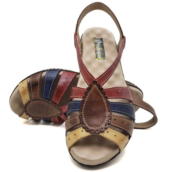 Sandália Feminina Anatomica de Couro Legítimo e Palmilha Gel - Castanho/Vermelho (MA 014)