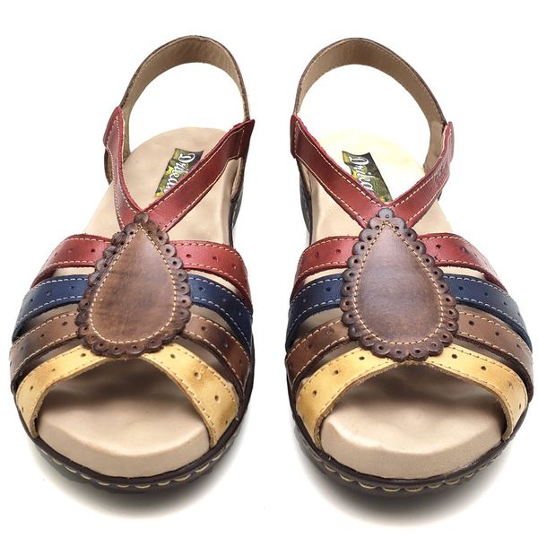 Sandália Feminina Anatomica de Couro Legítimo e Palmilha Gel - Castanho/Vermelho (MA 014)