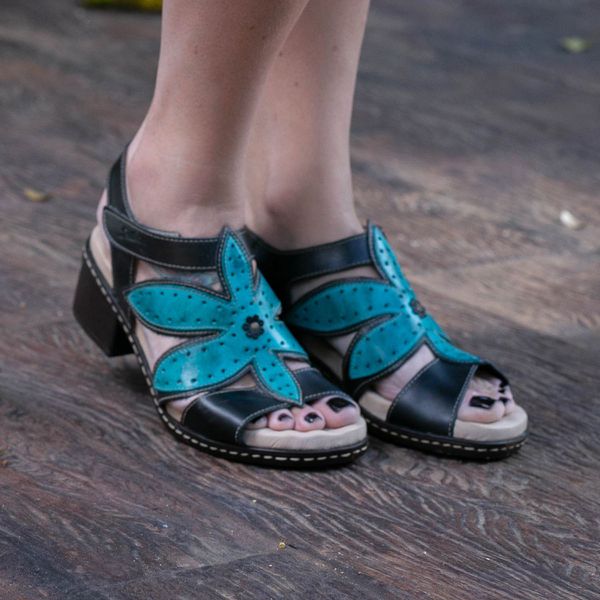 Sandália de Salto Bloco Confortável Couro Legítimo Preto e Oceano com Palmilha Gel - BR 028 