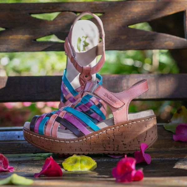 Sandália Feminina de Couro Legítimo e Palmilha Gel - Rose/Oceano/Berinjela/Café (NI015)
