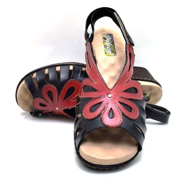Sandália de Salto Bloco Confortável Couro Legítimo Preto/Vermelho com Palmilha em GEL - BR 017 
