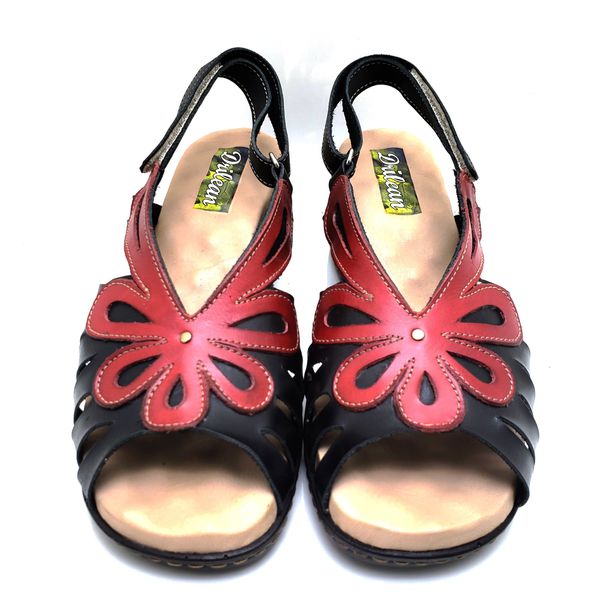 Sandália de Salto Bloco Confortável Couro Legítimo Preto/Vermelho com Palmilha em GEL - BR 017 