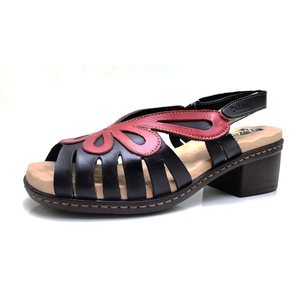 Sandália de Salto Bloco Confortável Couro Legítimo Preto/Vermelho com Palmilha em GEL - BR 017 