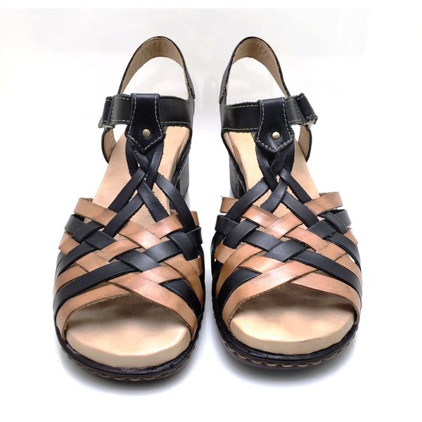 Sandália de Salto Bloco Confortável Couro Legítimo Preto/Caramelo com Palmilha em GEL - BR 015 
