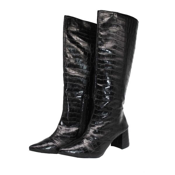Bota Feminina Salto Bloco Bico Fino 190212 Craquelê Preto