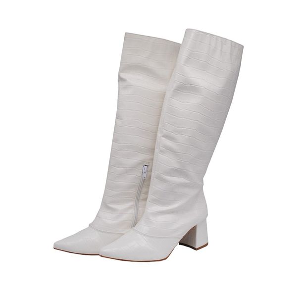 Bota Feminina Salto Bloco Bico Fino 190212 Craquelê Branco