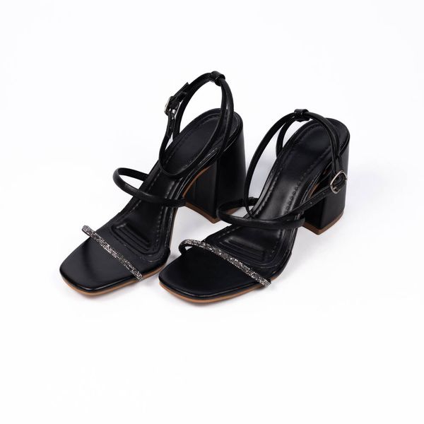Sandália Feminina Salto Bloco Com Strass 12000 Napa Preta