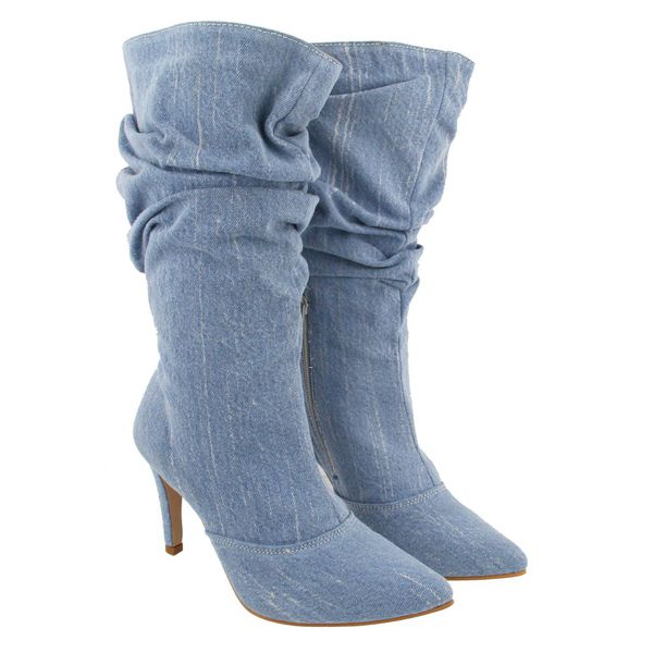 Bota Feminina Cano Médio Slouchy 1714 Tecido Jeans Claro