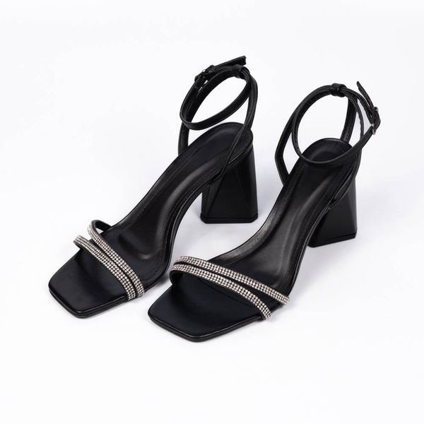 Sandália Feminina Salto Grosso Com Strass 182162 Napa Preta