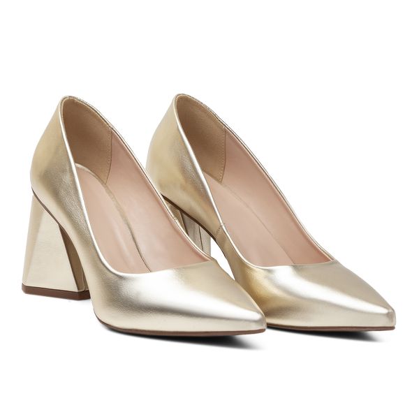 Sapato Feminino Scarpin Salto Triangulo Napa Ouro Light 183100