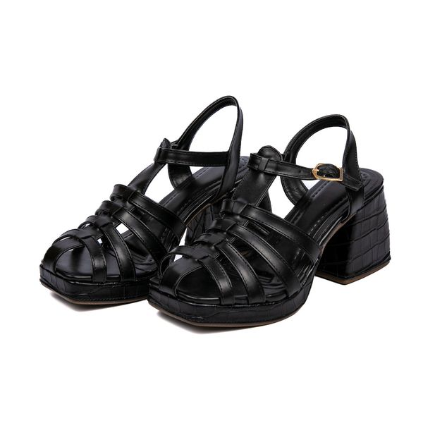 Sandália Feminina Aranha Salto Bloco 195000 Croco Com Napa Preta