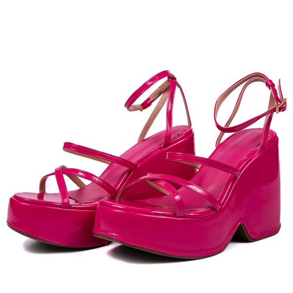 Sandália Feminina Anabela Com Tiras 194002 Napa Verniz Pink