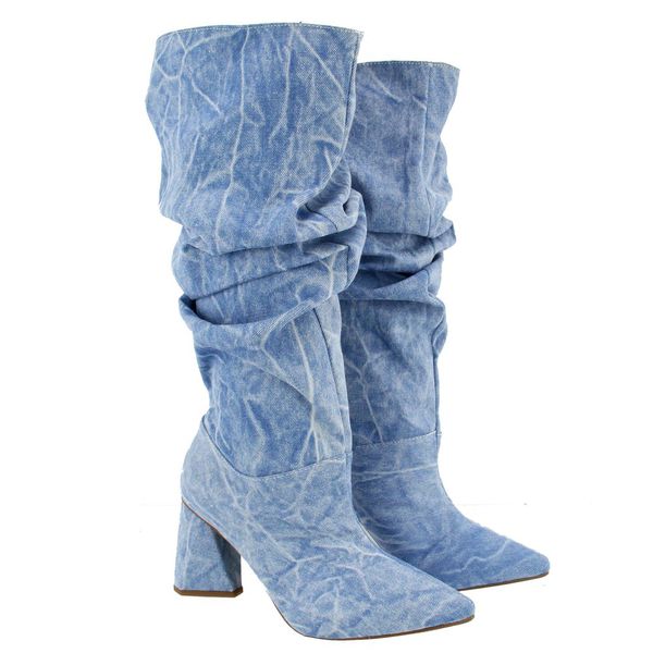 Bota Feminina Slouchy Salto Médio Triangular 23021 Tecido Jeans