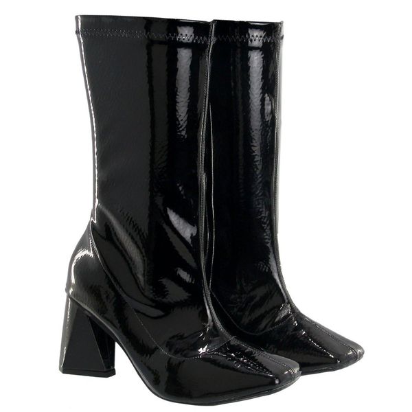 Bota Feminina Cano Médio Bico Quadrado 23022 Stretch Verniz Preto