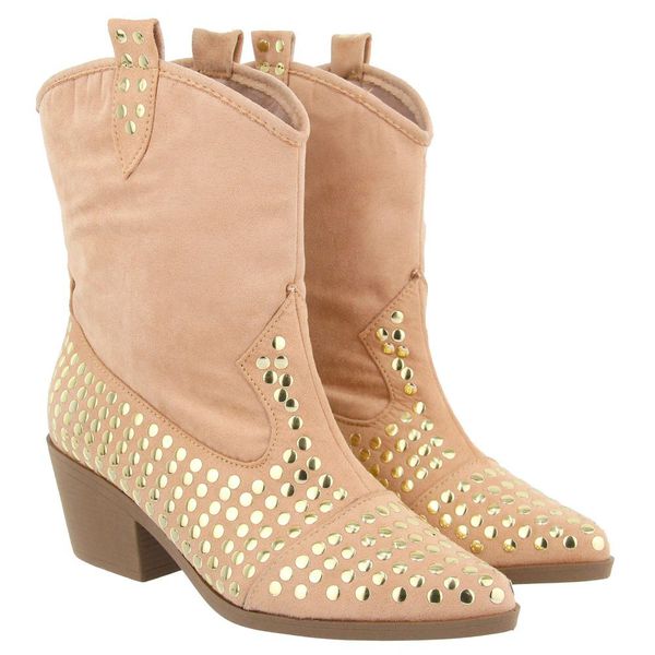 Bota Feminina Texana Salto Baixo Com Spikes 23040 Suede Rosado Western