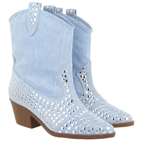 Bota Feminina Texana Salto Baixo Com Spikes 23040 Tecido Jeans Claro