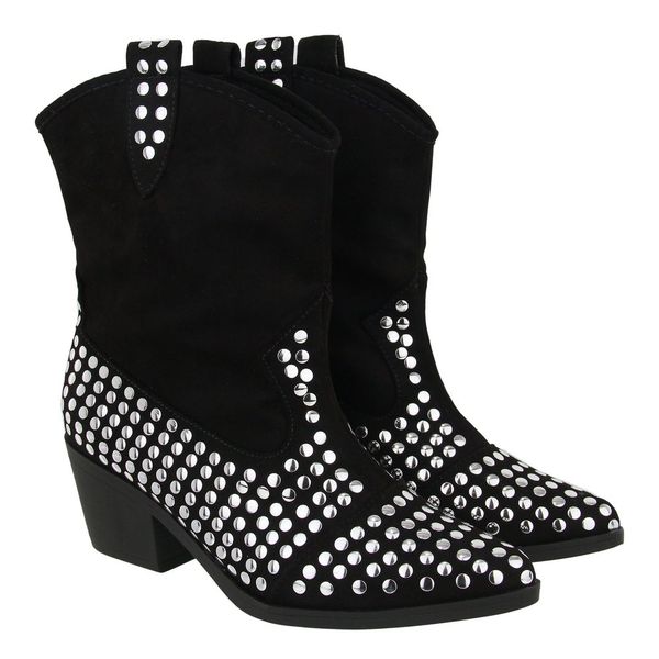 Bota Feminina Texana Salto Baixo Com Spikes 23040 Camurça Preta Western