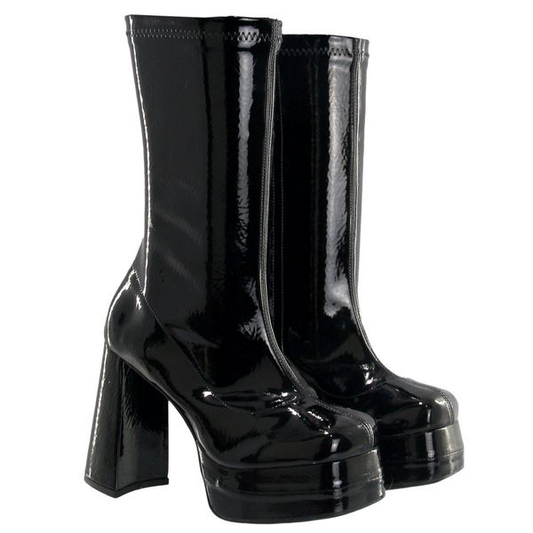 Bota Feminina Meia Pata Salto Grosso 23060 Stretch Verniz Preto