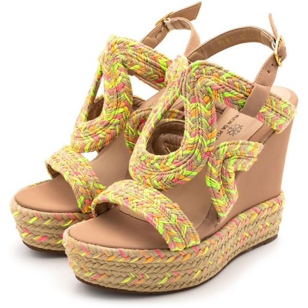 Sandália Feminina Anabela 4012 Napa Nude e Corda Amarela Neon