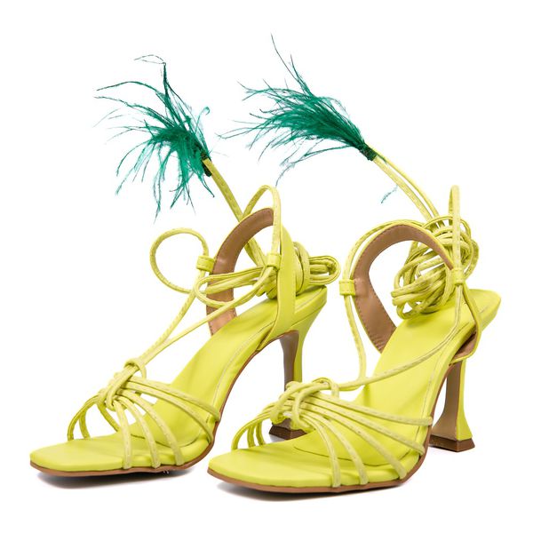 Sandália Feminina Salto Alto Taça Com Pluma 60010 Napa Lemon